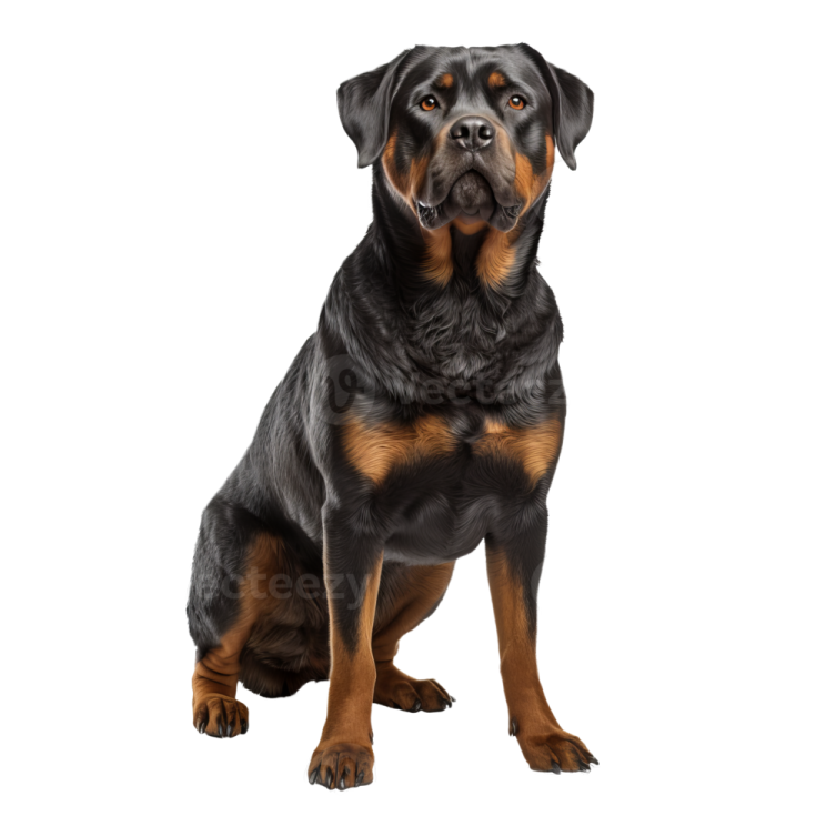 a black and brown dog sitting on a white background