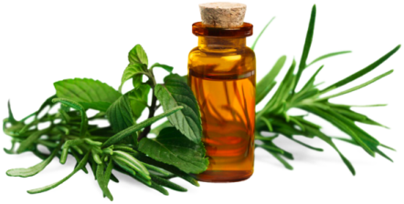 a bottle of pepper oil next to some fresh basil leaves