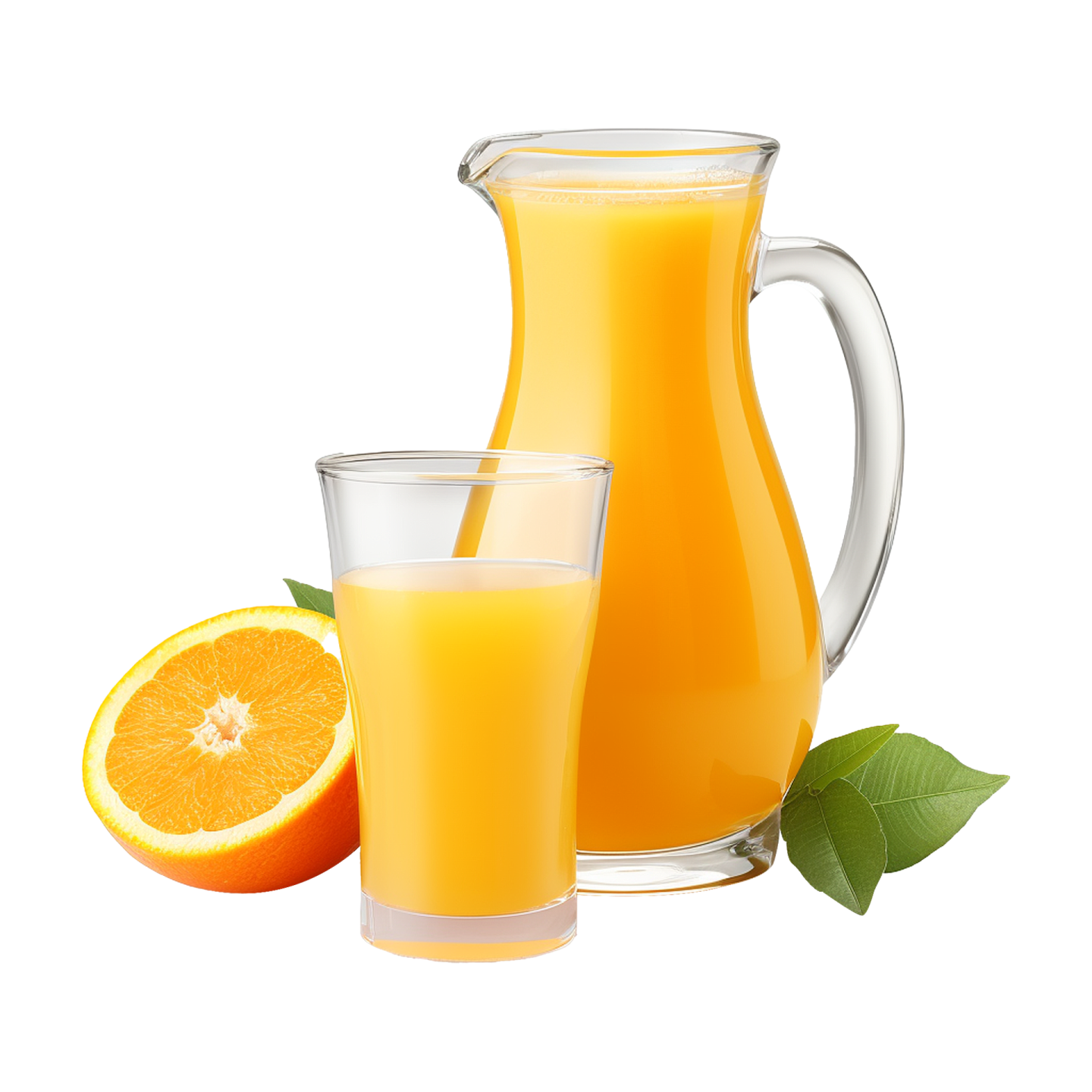 a pitcher of orange juice next to a glass