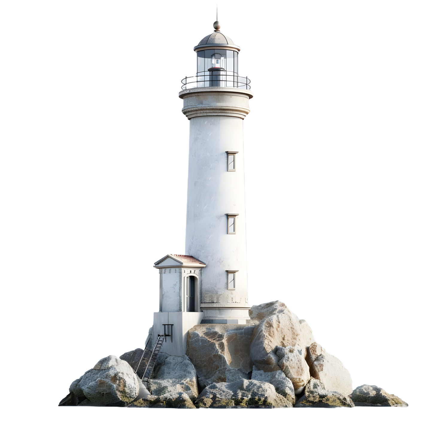 a white lighthouse on top of some rocks