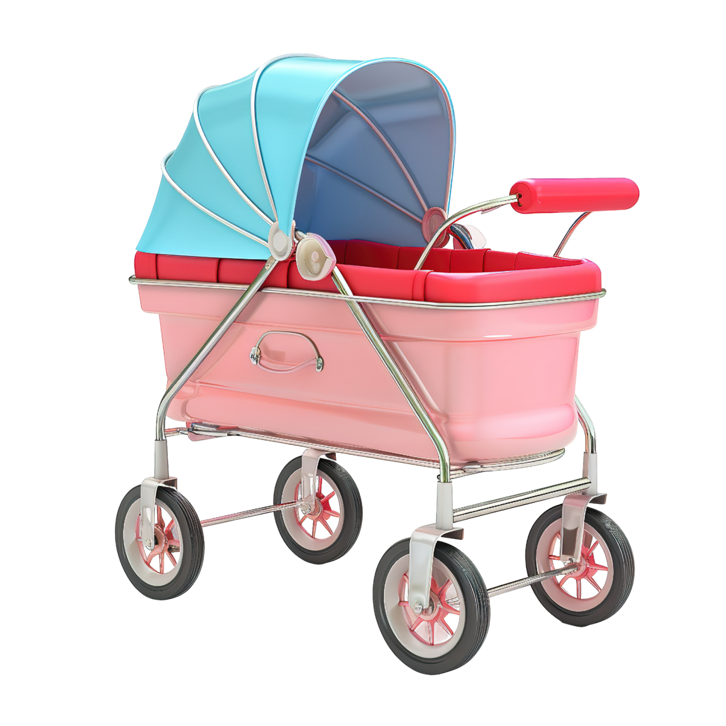 a pink and blue baby stroller on wheels