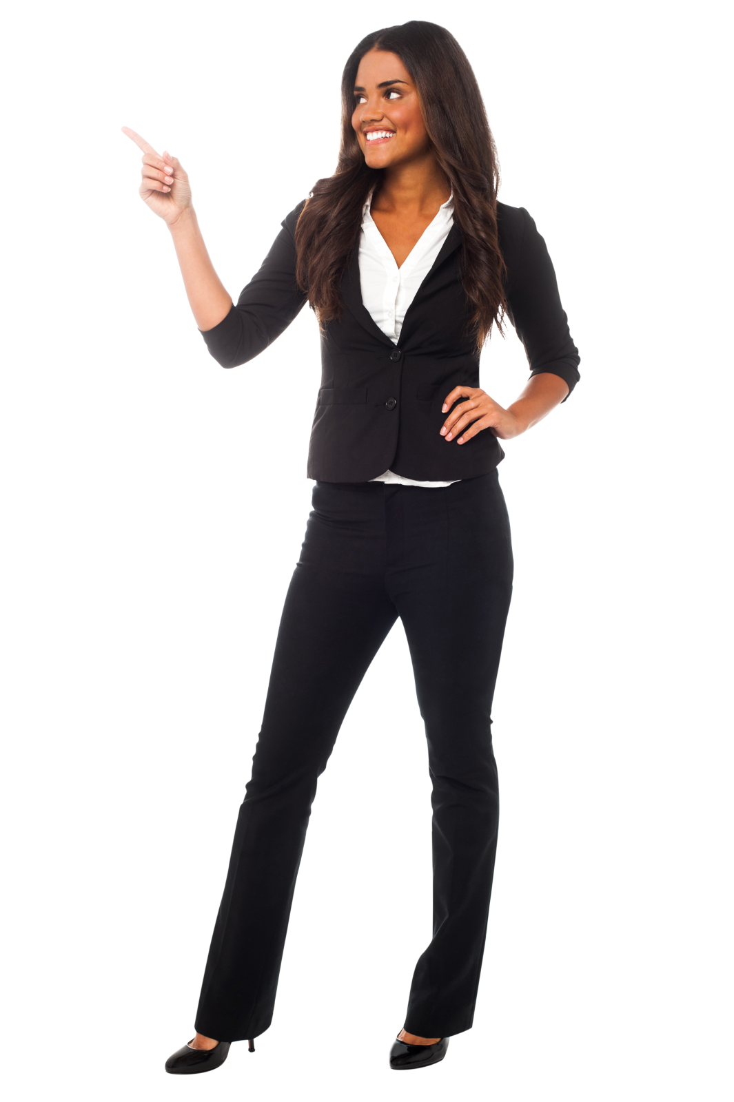 a woman in black pants and a white shirt