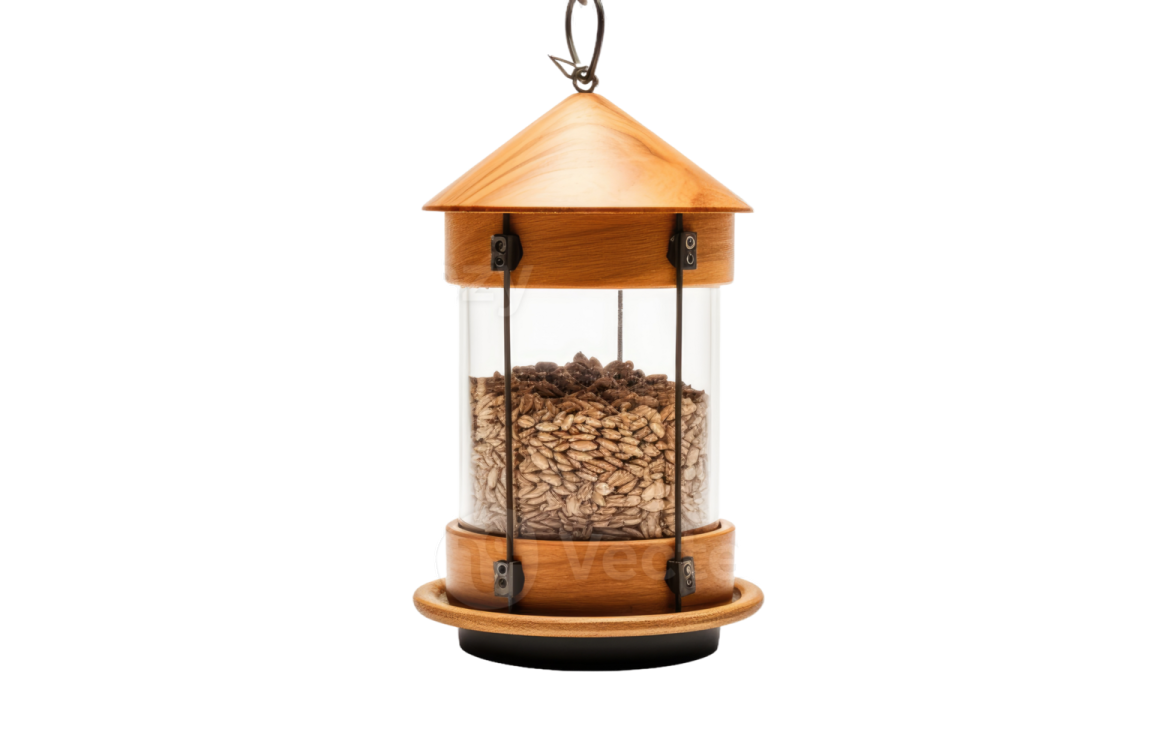 a bird feeder that is made from wood and glass