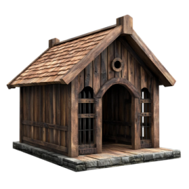 a wooden dog house on a white background