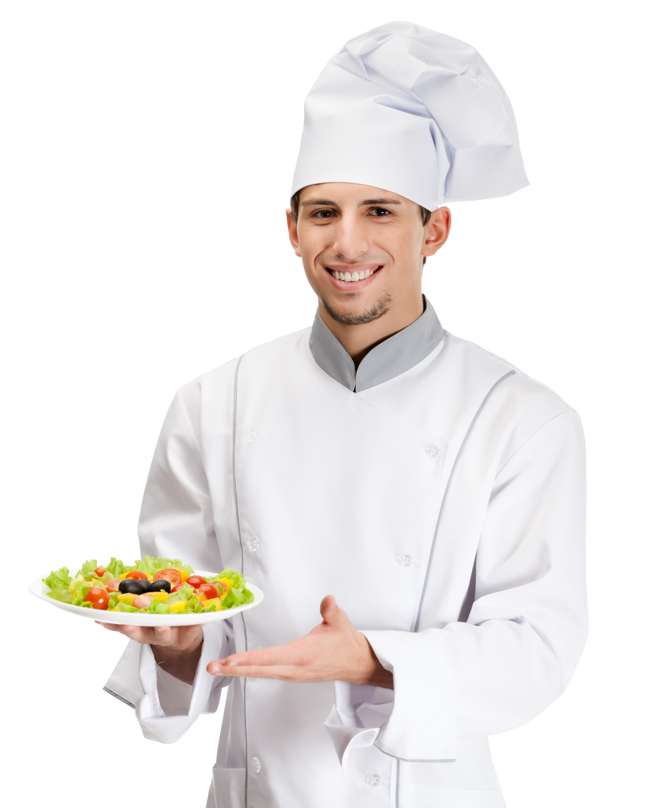 a man in a chef's uniform holding a plate of food
