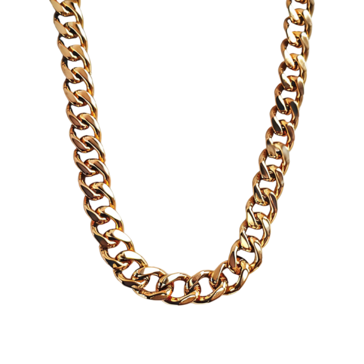 a gold chain necklace on a white background