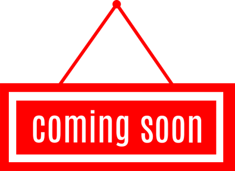 a red and white sign that says coming soon