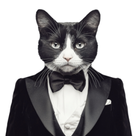 a black and white cat in a tuxed suit