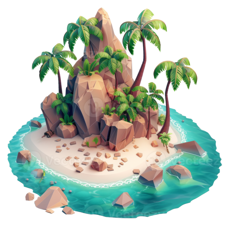 an island with palm trees and rocks