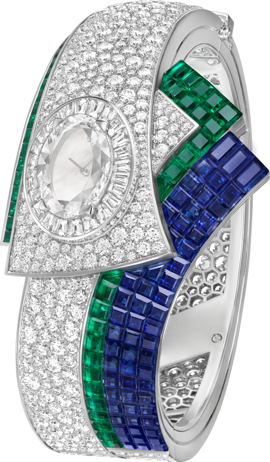 a white gold ring with emerald and blue sapphire stones