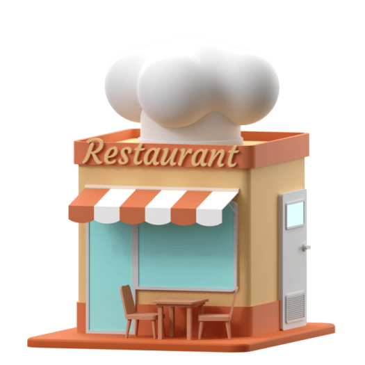 a small restaurant with a chef on top of it