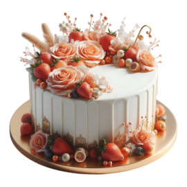a white cake with flowers and berries on top