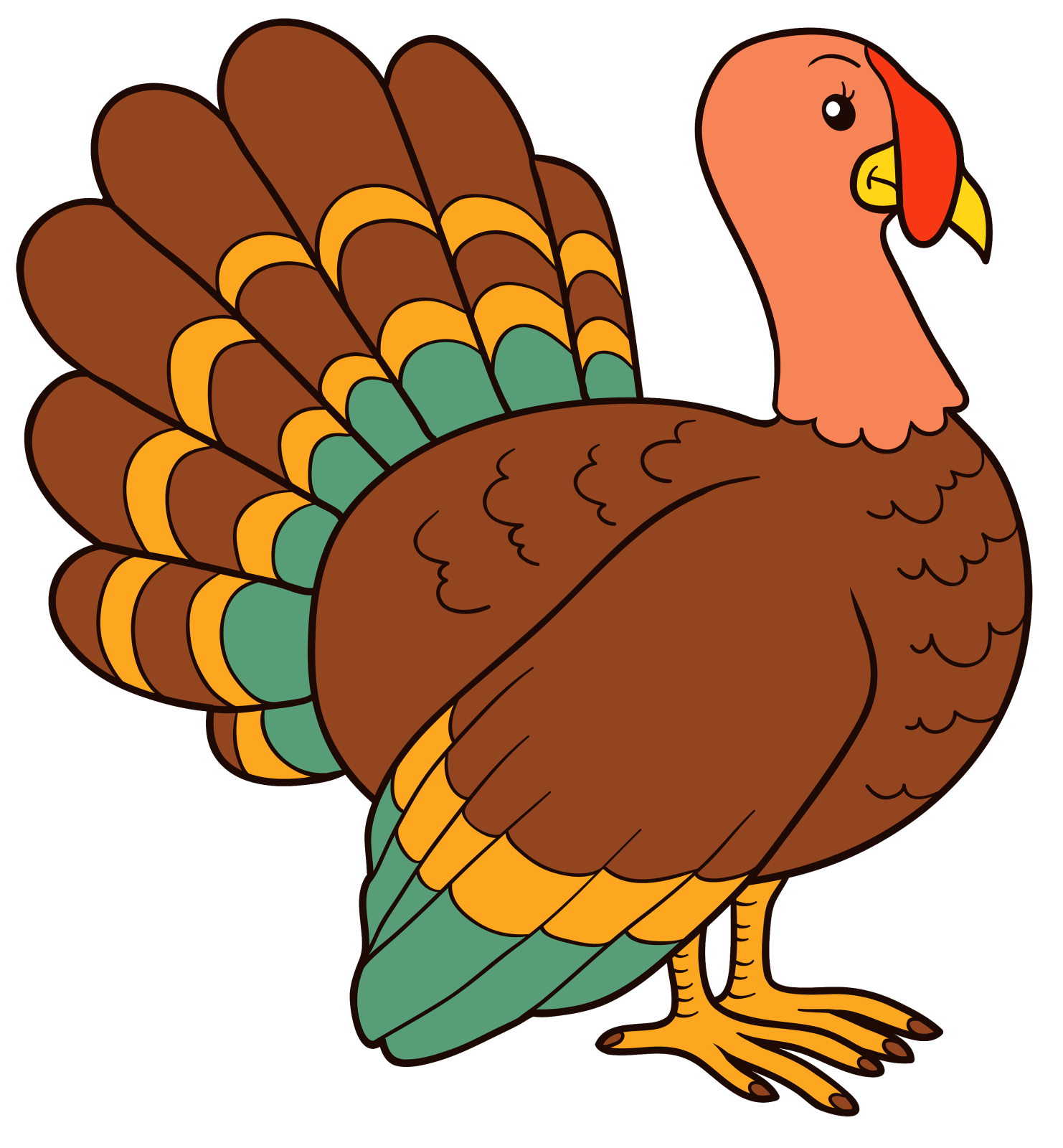 a cartoon turkey with orange and green feathers