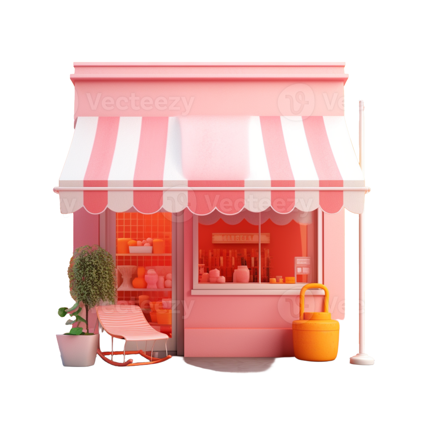 a small pink and white shop front view