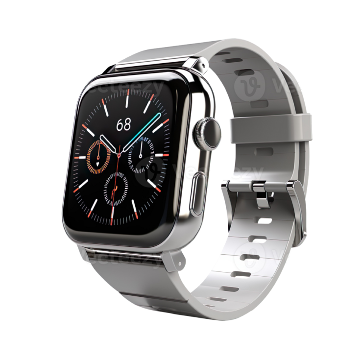 a silver apple watch on a white background