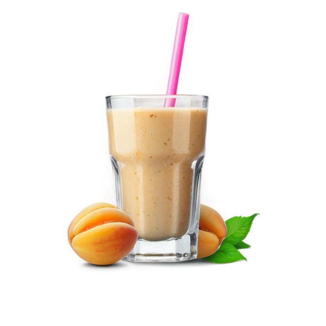 a glass of peach smoothie next to peaches