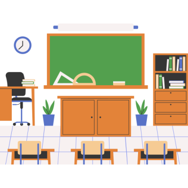 a classroom with desks, chairs and a chalk board