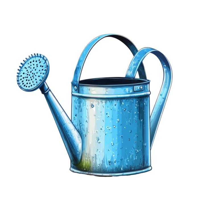 a blue watering watering with water droplets on it