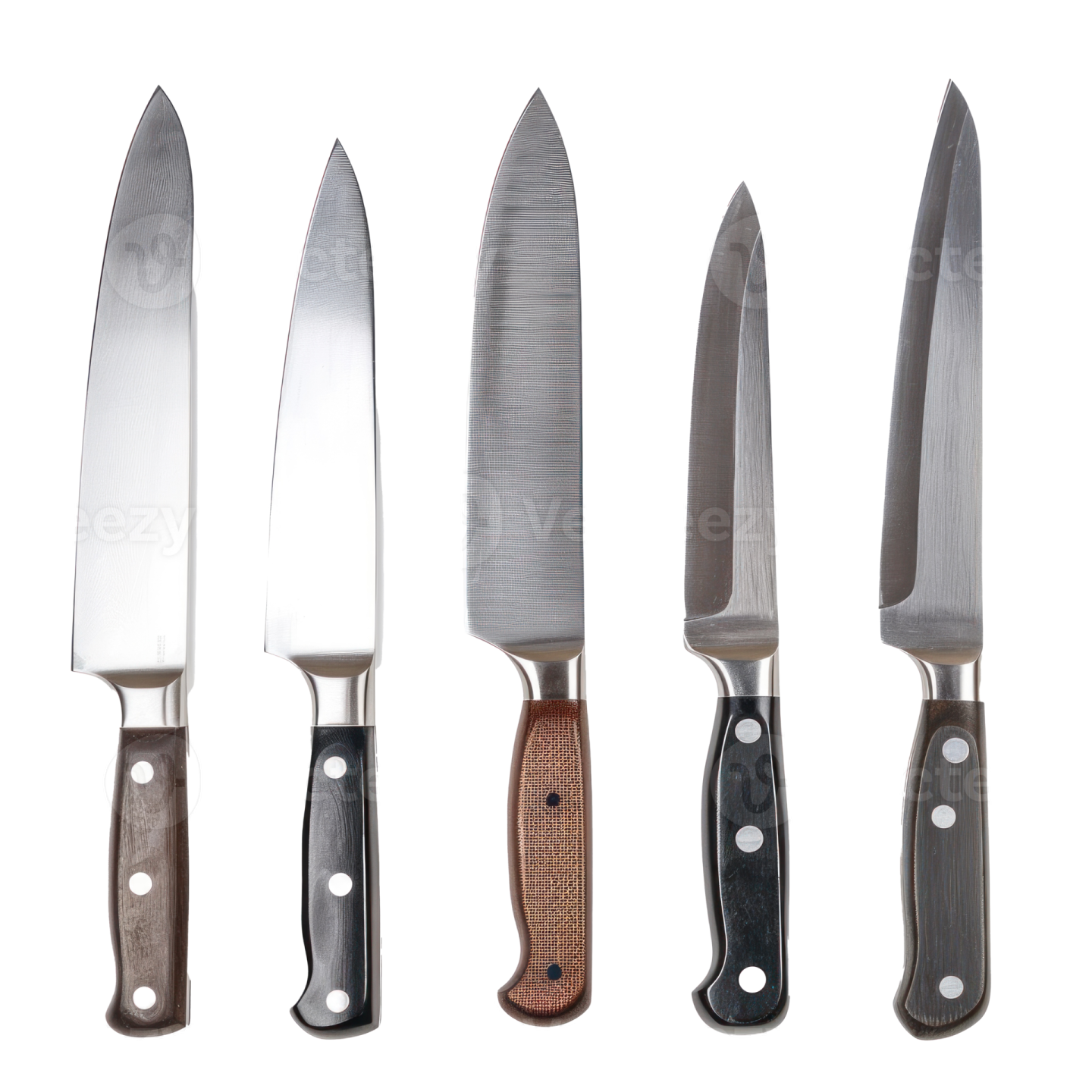 a set of knives on a white background
