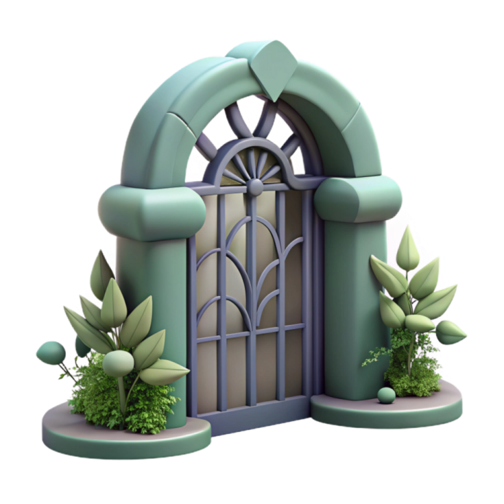 an open gate with plants growing inside