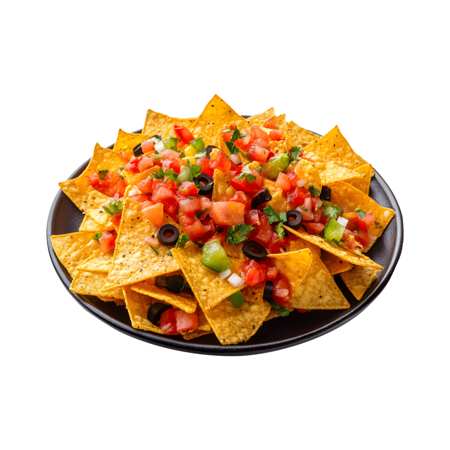 a plate of torta chips with tomatoes and black beans
