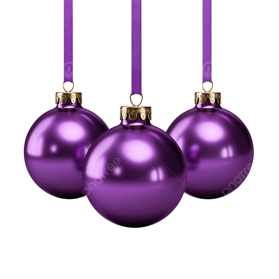 three purple christmas balls hanging from a ribbon