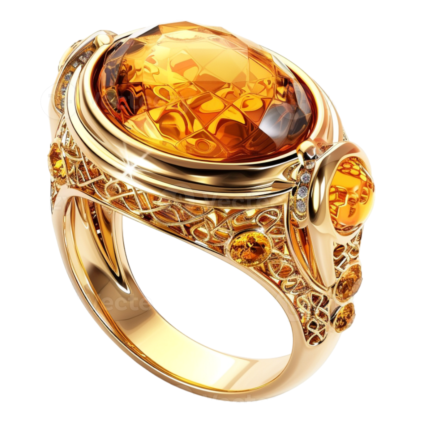 a yellow gold ring with a large oval cut amber stone surrounded in the center