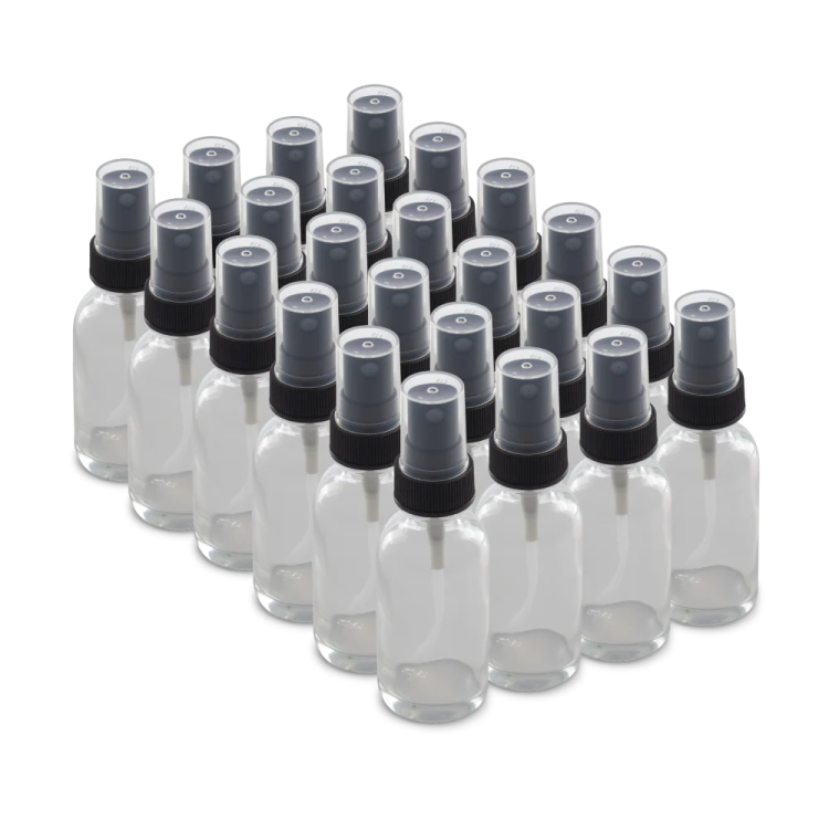 a dozen of clear bottles with black caps
