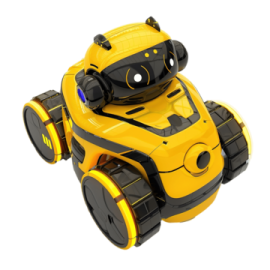 a yellow robot toy on a white background