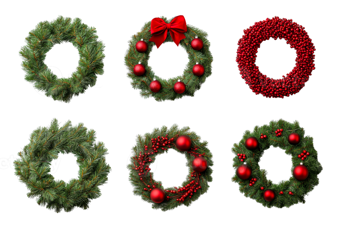a set of christmas wreaths and decorations