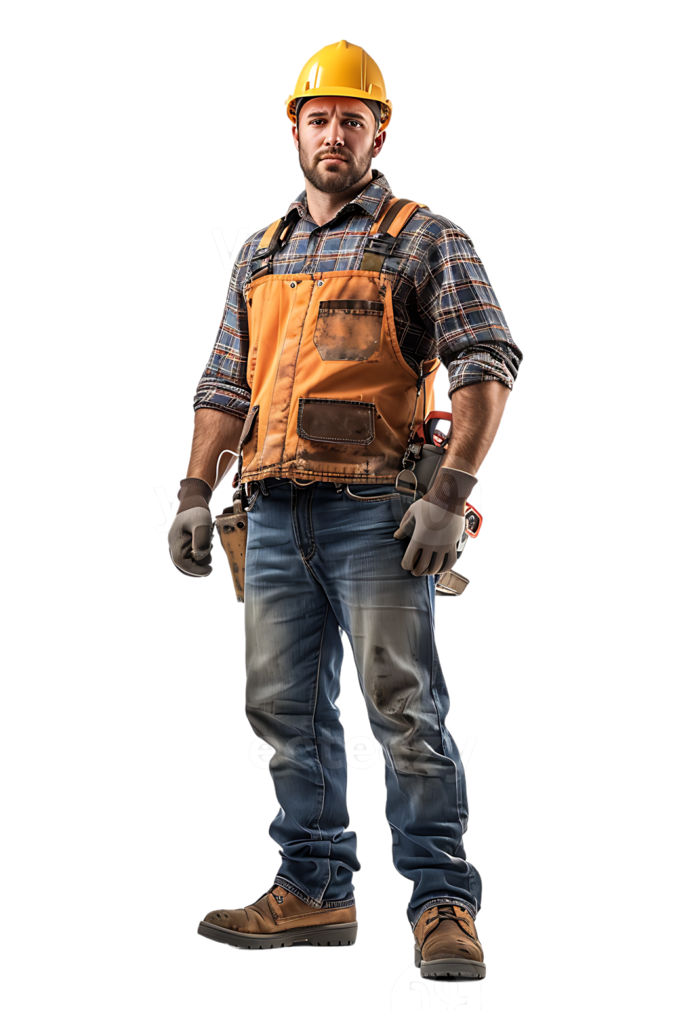 a construction worker standing with his hands in his pockets