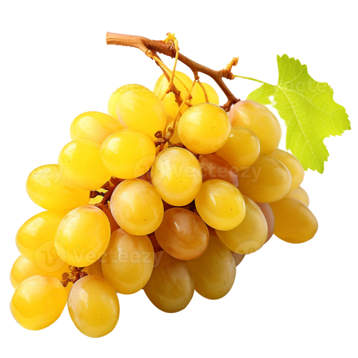 a bunch of white grapes with green leaves