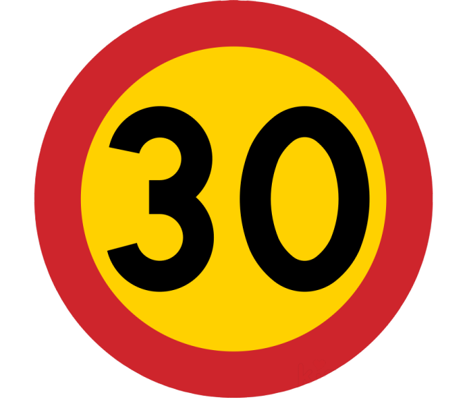 a red and yellow sign with the number 30