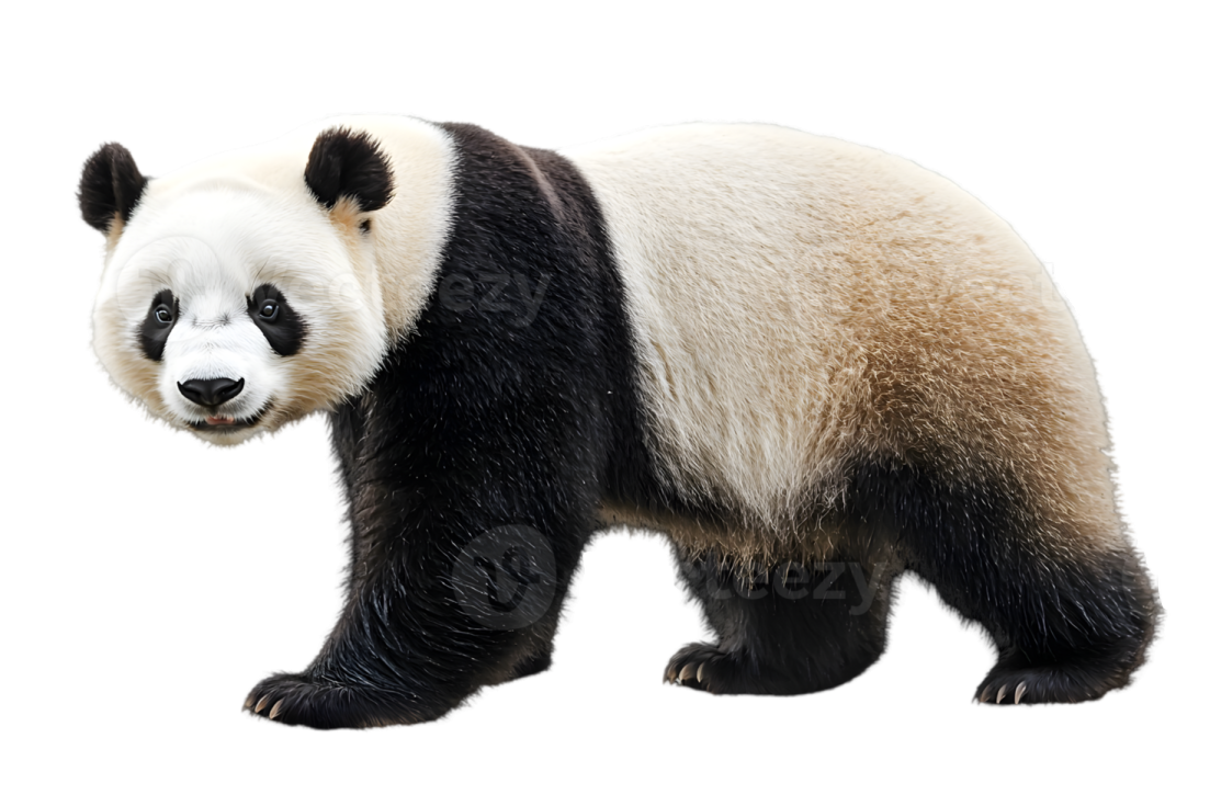 a panda bear walking in front of a white background