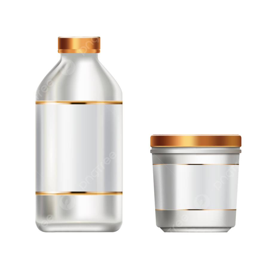 a white bottle with gold lid and a glass container