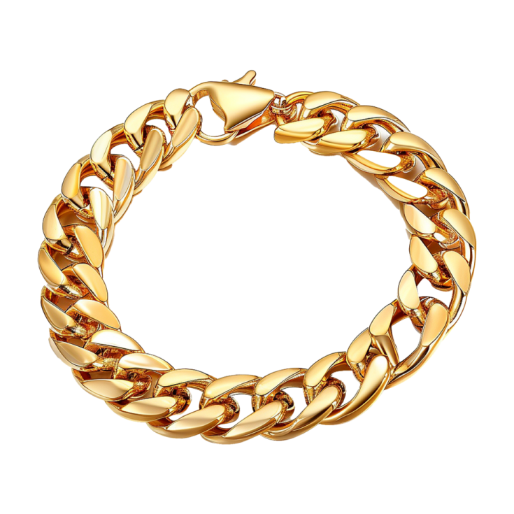 a gold chain bracelet on a white background