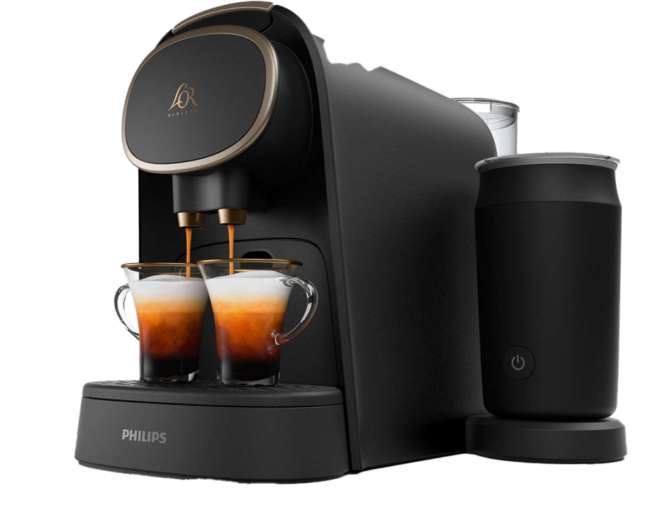 a black coffee machine with two cups of coffee