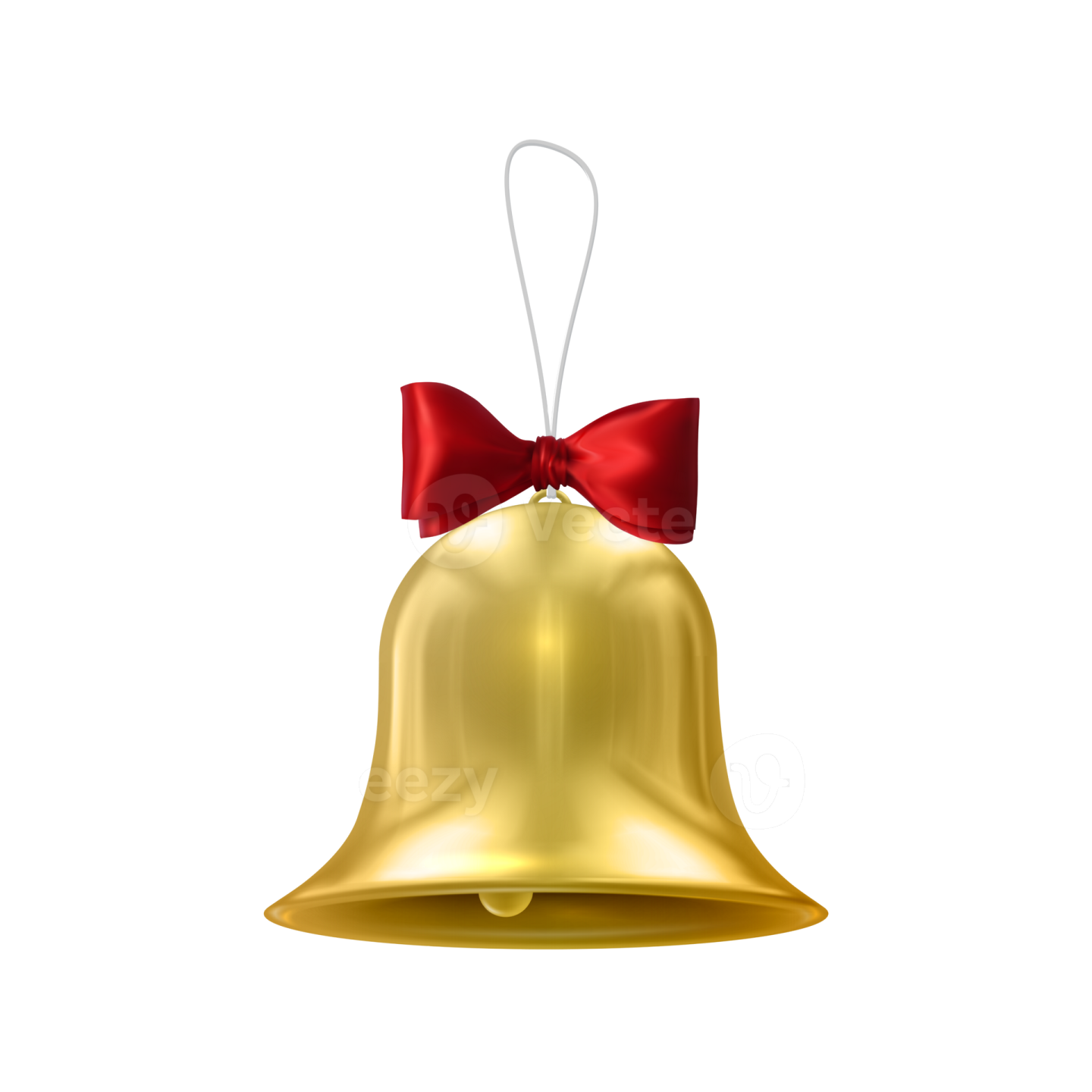 a golden bell with a red bow