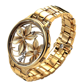 a gold watch with flowers on the dial