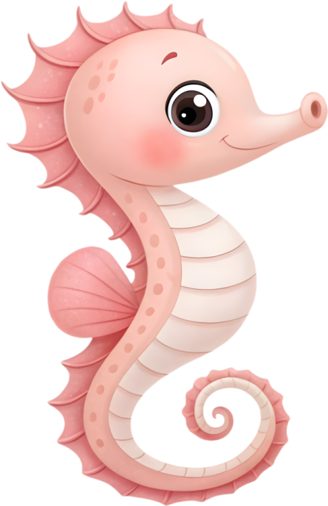 a cartoon seahorse with pink hair and big eyes