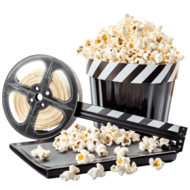 a bucket of popcorn and a movie reel