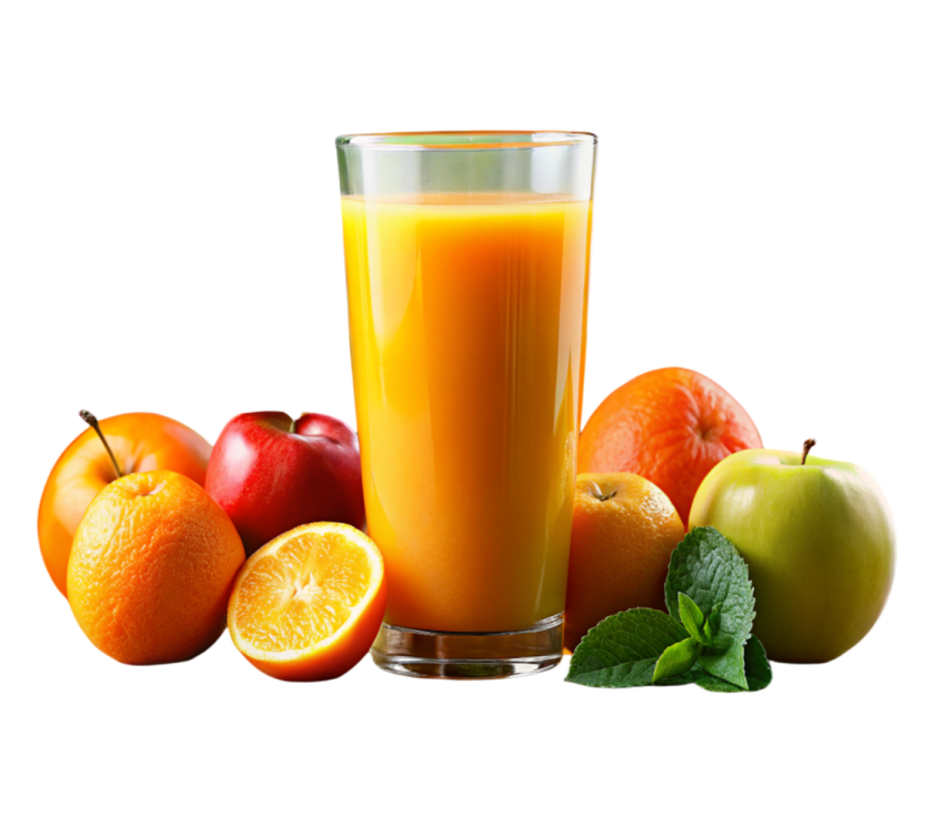 a glass of orange juice next to some fruit