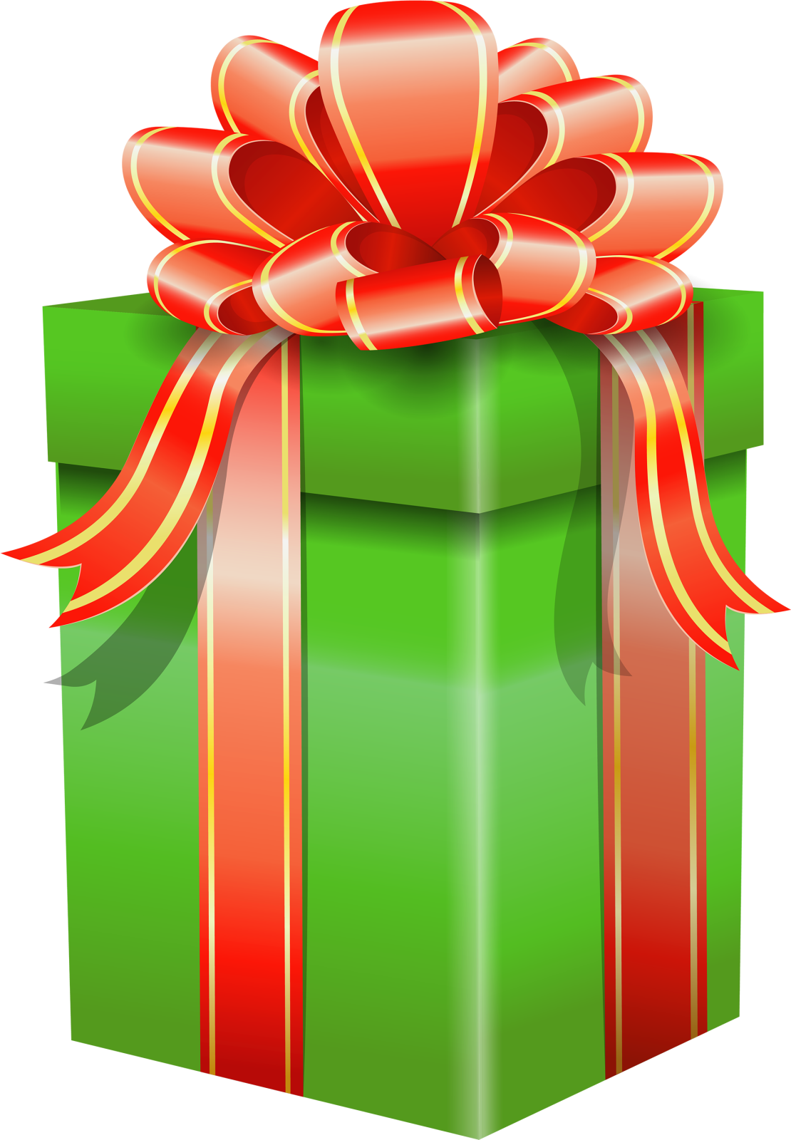 a green gift box with red ribbon and bow