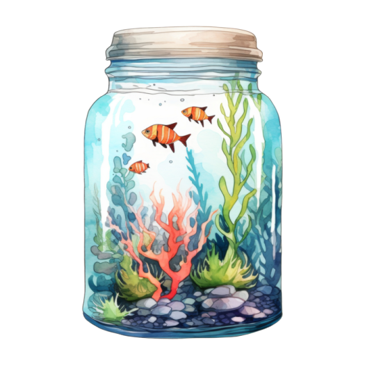 a glass jar filled with water and corals