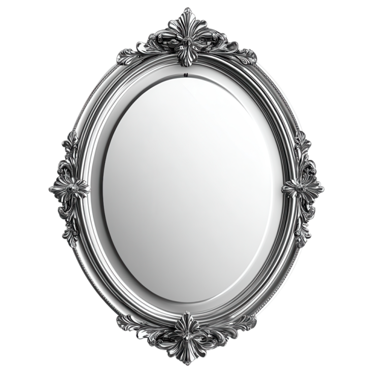 a silver oval mirror on a white background