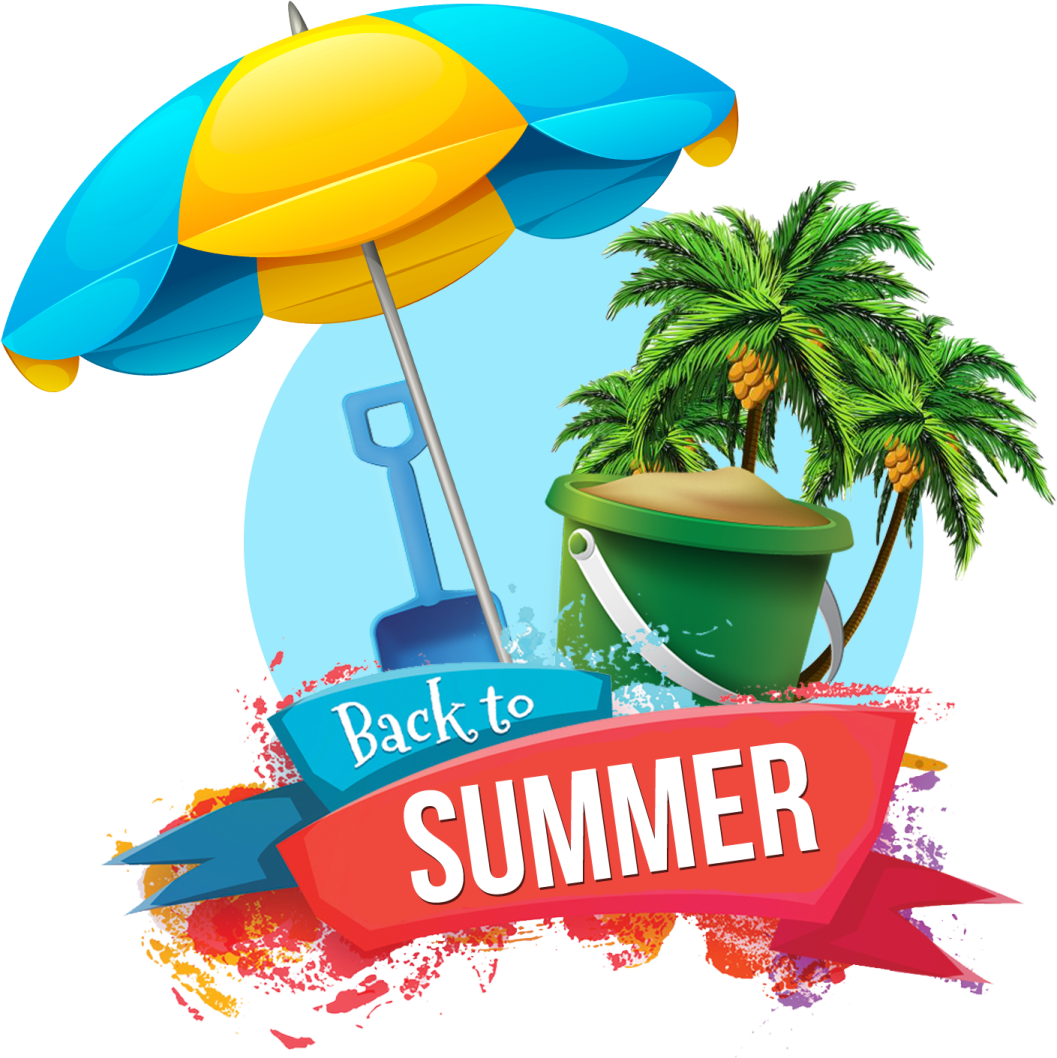 a beach scene with an umbrella and palm trees