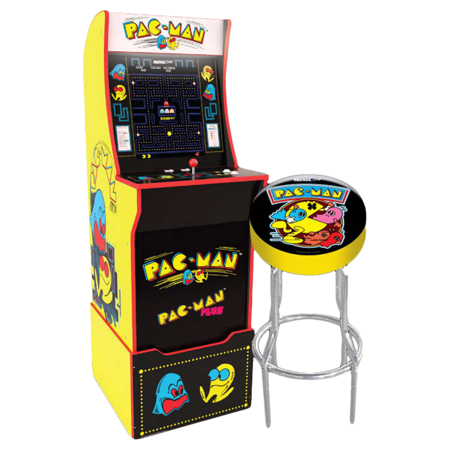 an arcade machine with a stool