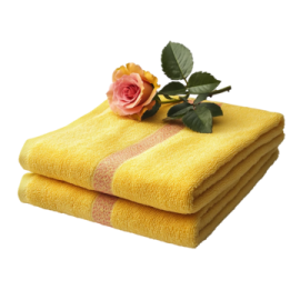a pair of yellow towels with a rose on top
