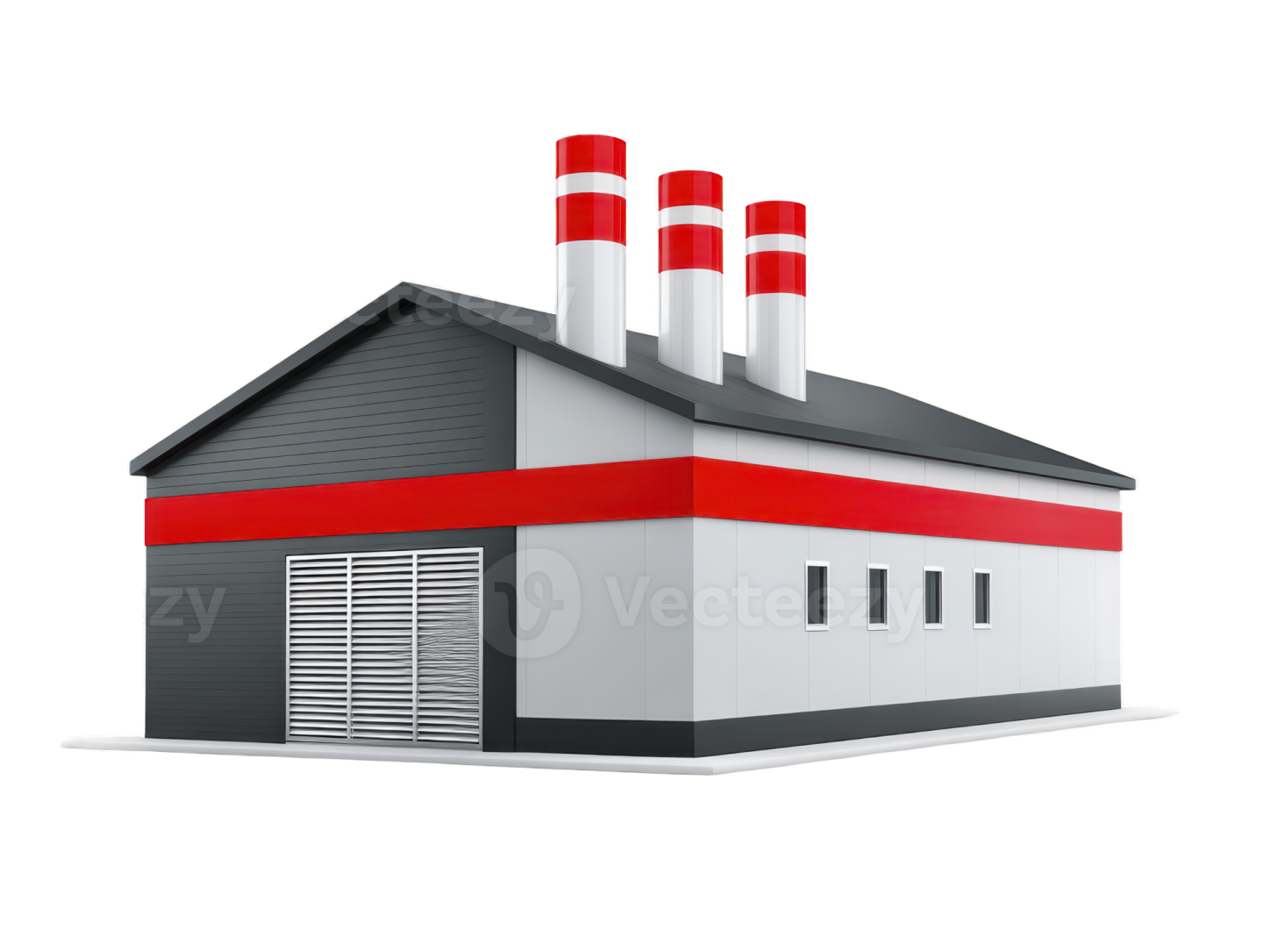 a factory building with red and white smoke stacks