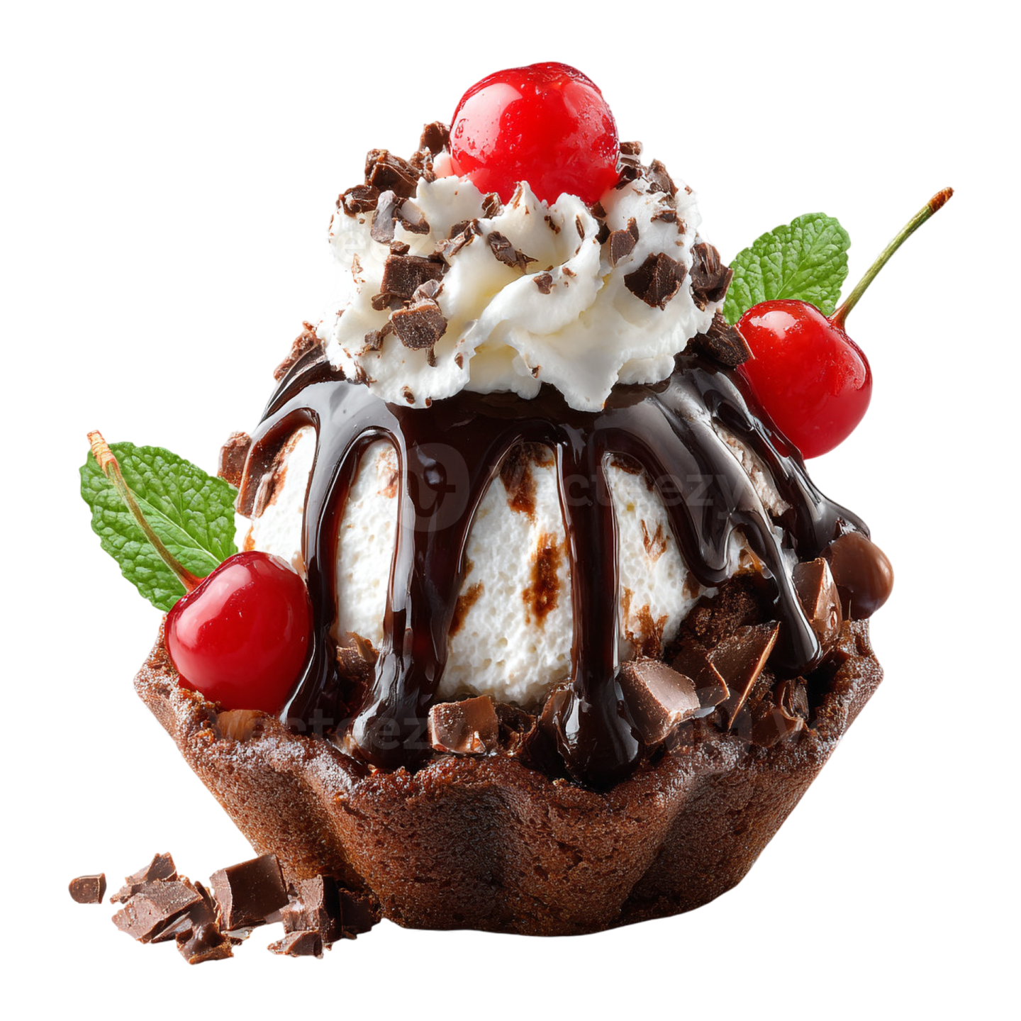 a cupcake topped with ice cream, chocolate and cher